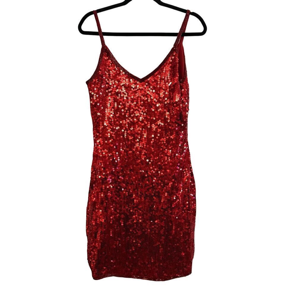 ADRIANNA PAPELL Boutique Evening Vintage Silk Red Beaded Sequin Mini Dress Sz 4